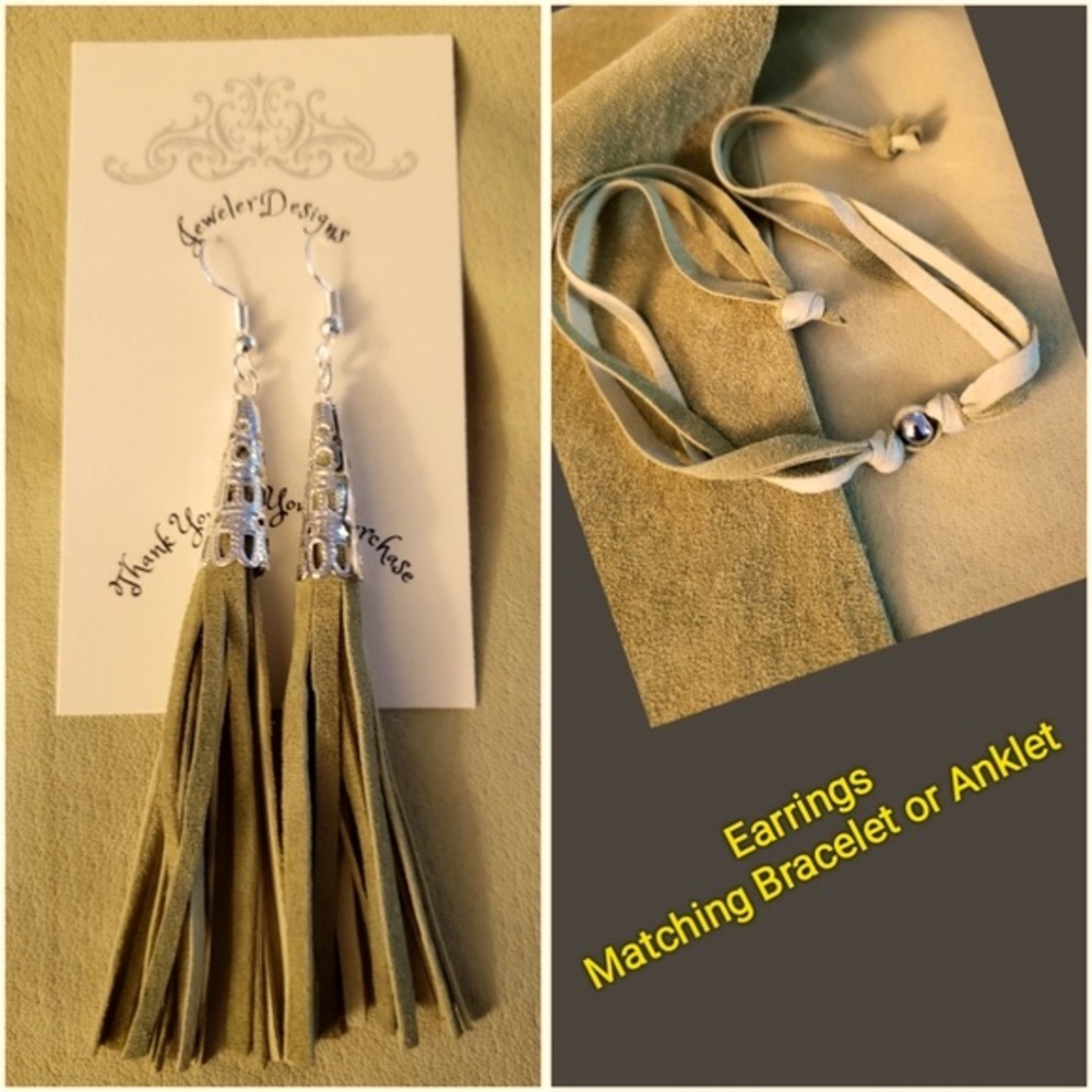 Leather 4" Tassel Earrings and  Leather Anklet/Bracelet